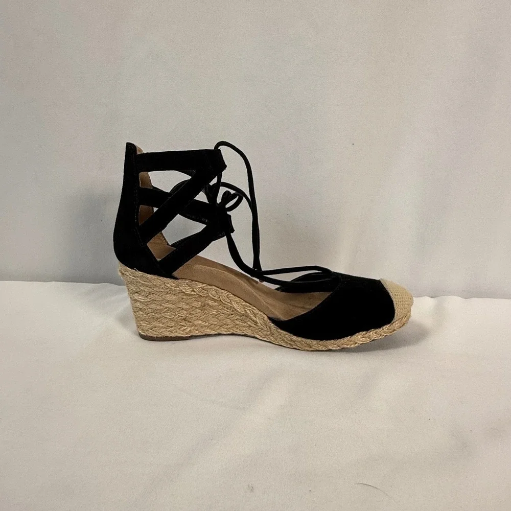 Vionic Calypso Black Suede Espadrille Wedge‎ Sandals Lace Up Cap Toe Women's 7.5